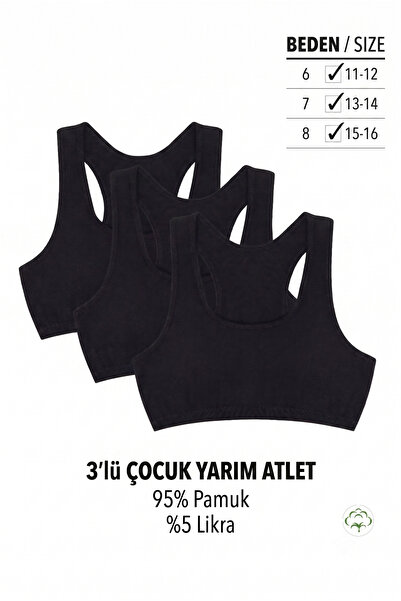 Cicito Kız Çocuk Pedli Yarım Atlet Sütyen 3'lü Set - Pamuk Likralı 5015 - Siyah