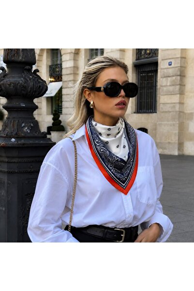 Axesoire 13749 Kırmızı Kenarlı Lacivert Kadın Saten Fular 50x50 cm Bandana Bo...