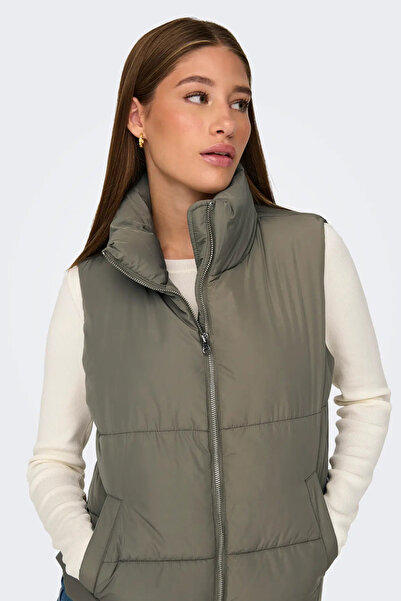 JDY Only Women's Jdynewerica Stand Collar Double Pocket Khaki Puffer Vest - 1...