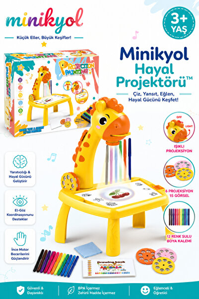minikyol Hayal Projektörü™ Projeksiyonlu Çizim ve Boyama Masası 12 Kalemli Eğ...