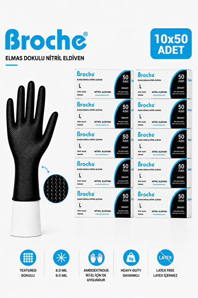 Broche ELMAS DOKULU EKSTRA KALIN SİYAH NİTRİL ELDİVEN L BEDEN 10'LU PAKET