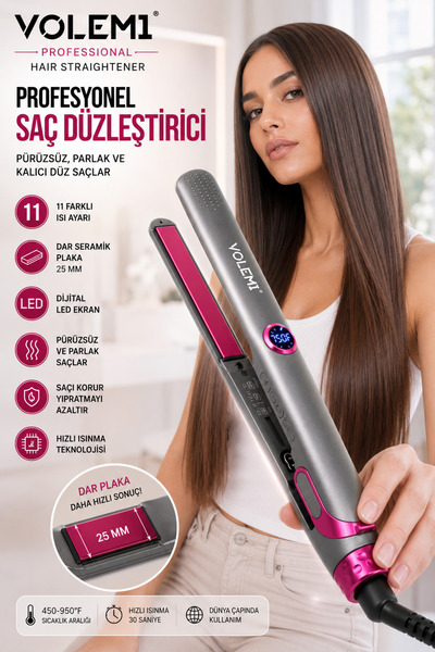 VOLEMİ Vm-004 Professional Ceramic Narrow Plate Hair Straightener Fast Heatin...