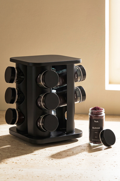 Perotti Black rotating stand square glass black lid casa black 12-piece spice...