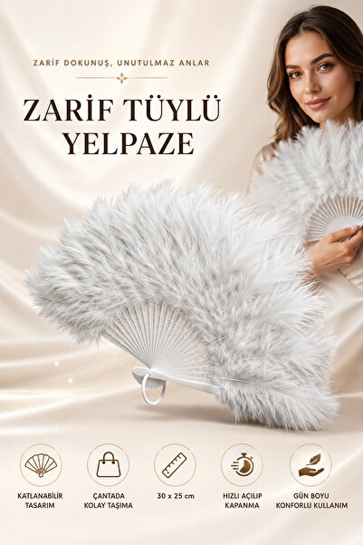 ALFAGİFT 1 Adet Beyaz Kuş Tüyü Yelpaze Dekoratif El Yelpazesi Gelin Nişan Kın...