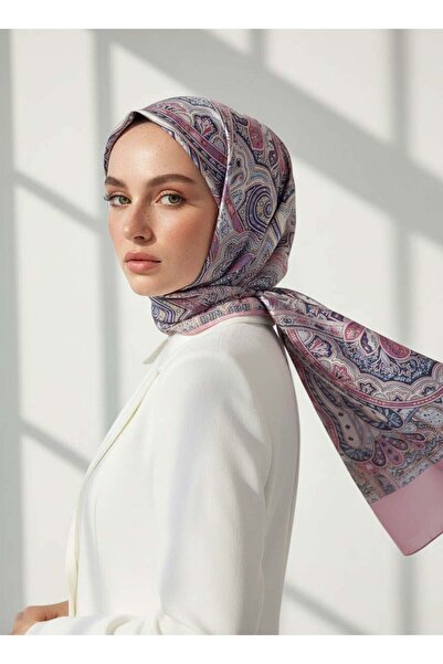 Vissona %100 Saf İpek Şal İnce Saten Vual Dokuma Etnik Desenli Pembe Renkli 9...