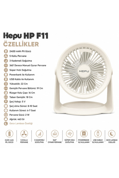 HEPU HP F06 Masa Üstü Şarjlı Vantilatör Hızlı Soğutma 2400 mAh Led Aydınlatma...