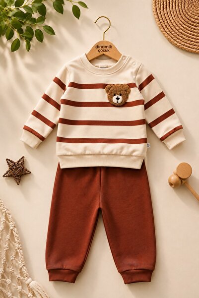 Striped Punch Teddy Bear Shoulder Snap Fastener Baby Set 2pcs Bottom Top Seasonal Monthly 3-6-9-12months