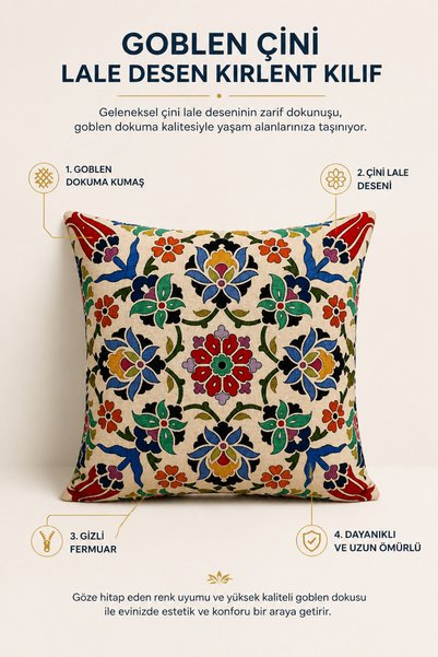 KIRLENT EV Goblen Çini Lale Desen Kırlent Kılıf
