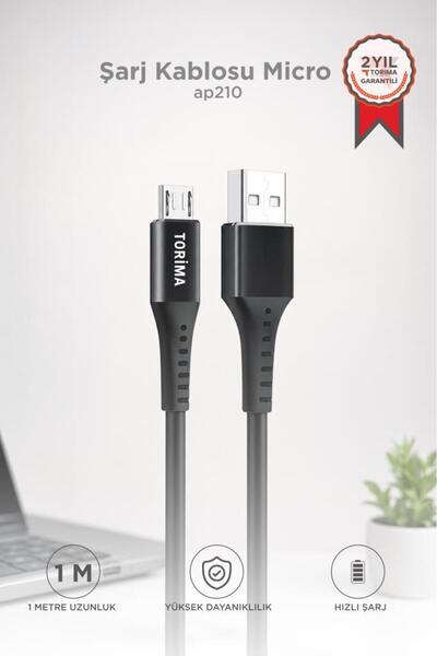 Torima Şarj Kablosu Micro 2.4A Halat Data Kablo AP210 Siyah