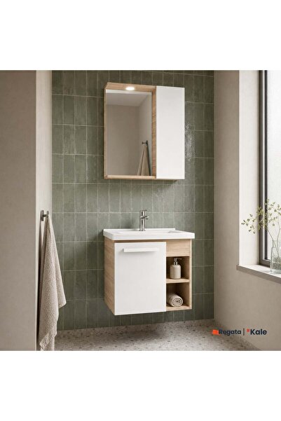 KALE Mare 65 Cm Beyaz-Meşe Banyo Dolabı Takımı