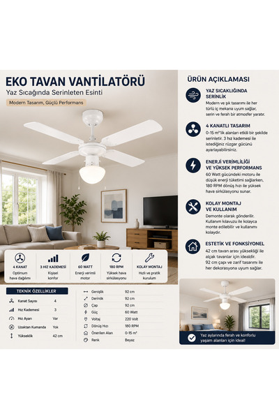 Altınkayaticaret 92 cm 4 Kanatlı Beyaz Tavan Vantilatörü | 60 Watt | 3 Kademe...