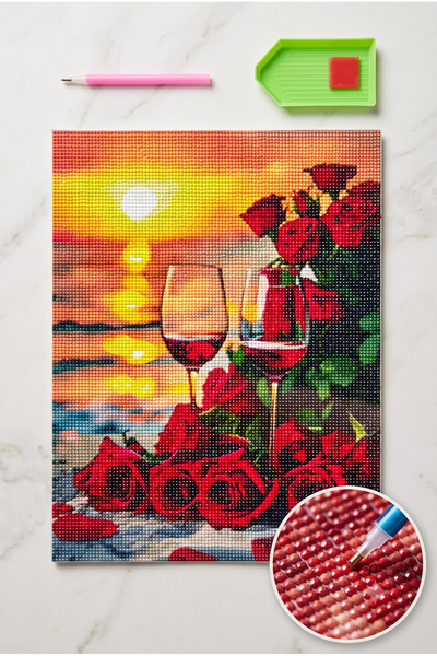 LİVA CRAFT Art & Craft Elmas Mozaik Tablo, 50x40cm Sahilde kırmızı Güller Bon...