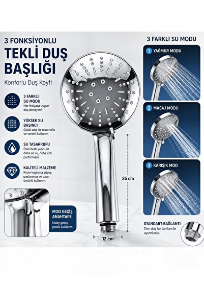 CMC Tools CMC01 Banyo Duşluk Telefon Tek Duş Başlığı 3 Fonksiyonlu Su Duş Baş...