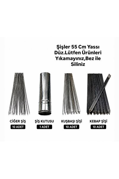YILMAZNARGİLE Mangal Seti -10 Adana Kebap Şiş Silme Demir , 10 Ciğer Şişi Yas...