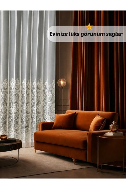 MAGİZA Tulle Curtain with Damask Pattern, Without Pleats, Gathered, Extralarge, Non-Iron, Suitable for Living Room, Kitchen, Balcony and Rooms
