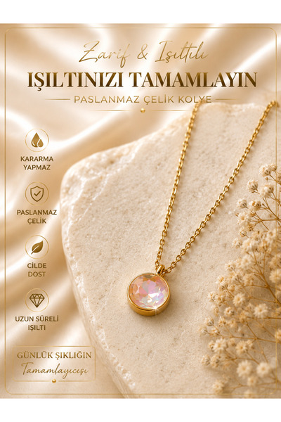 karmabijuteriaksesuar قلادة من الفولاذ بسلسلة ذهبية اللون مع حجر كريستال دائري