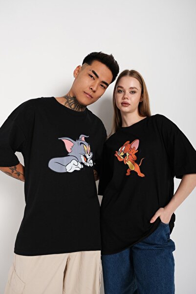 Tarzsokak Siyah Unisex Ikili Tom Ve Jery Baskılı Oversize T-shirt