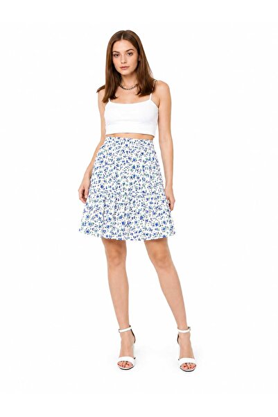 MAKSEN TEKSTİL Flower-Patterned White Comfortable Cut 55 cm Short Skirt