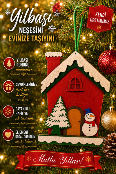 garaccu Christmas House with Snowy Pine Tree, Snowman and Hanger