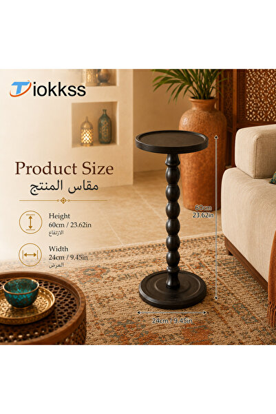 Tiokkss Black Solid Wood Round Side Table, 60cm Vintage Pedestal Sofa Side Ta...
