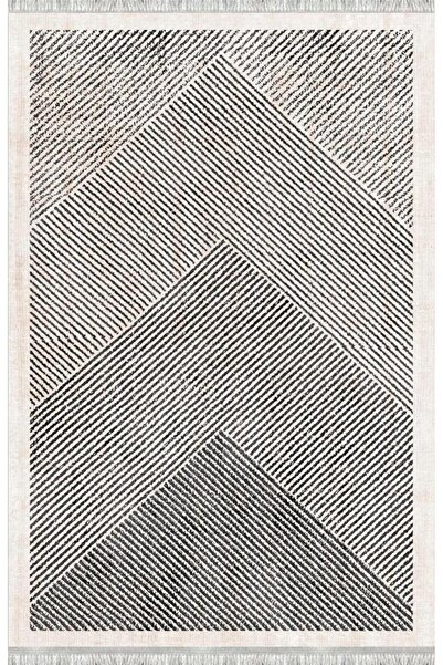Carpettex Krem Gri Modern Çizgili Dijital Baskılı Halı – Kaymaz Tabanlı, Minimal Geometrik Desenli Şık Salon