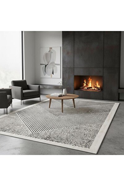 Carpettex Krem Gri Modern Çizgili Dijital Baskılı Halı – Kaymaz Tabanlı, Minimal Geometrik Desenli Şık Salon