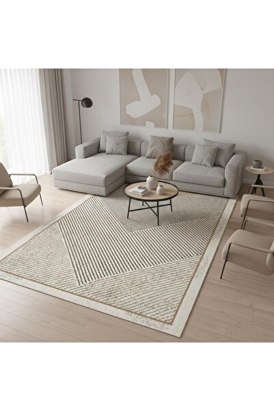 Carpettex Dijital Baskılı Kahve–Bej Modern Halı – Kaymaz Tabanlı Geometrik Desenli Kolay Temizlenebilir Kaymaz