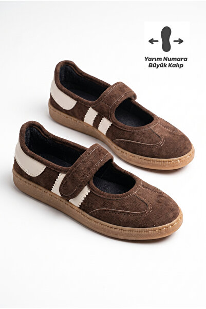 v.s.h velvet Καφέ σουέντ παπούτσια μπαλαρίνας με Velcro και λουράκια Mary Jan...