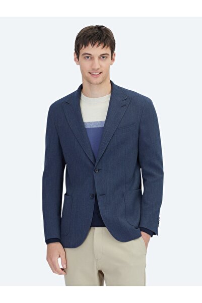 Kip Koyu Lacivert Çizgili Modern Fit Ceket