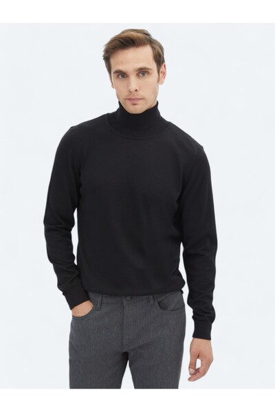 Kip Black Full Turtleneck Plain Knit Wool Blended Sweater Sweater