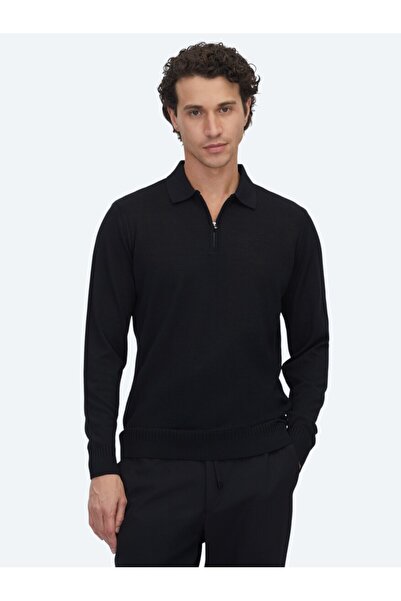 Kip Pulover negru din tricotaj din amestec de lână jacquard cu guler polo