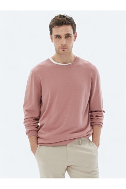 Kip Pink Crew Neck Plain Knit Cotton Blended Sweater