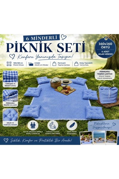 GÖKDAĞ BEDDING Mavi Potikare Piknik Seti 6 Kişilik Minderli Piknik Ortüsü Taş...