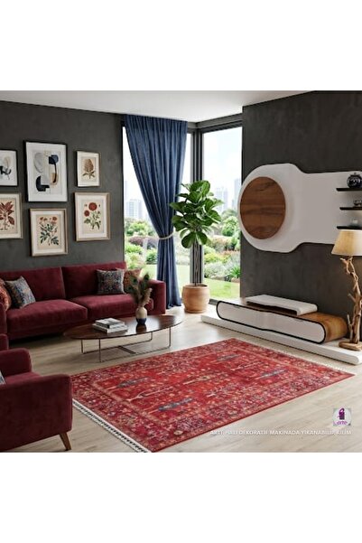 Just Arte Kırmızı Salon Halısı Örgü Saçaklı Dekoratif Kilim Makinada Yıkanabi...
