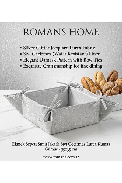 Romans سلة خبز من الجاكار اللامع مقاس 35x35 سم باللون الفضي - مقاومة للبقع
