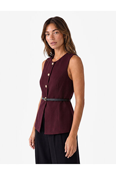 Koton Slim Fit Mücevher Düğmeli Bisiklet Yaka Kemerli Peplum Yelek