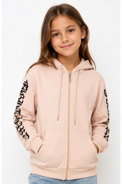 İrem Çocuk Giyim Girl's Powder Cardigan with Sleeves, Hood, Letter Pattern, Z...