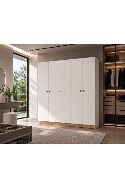 Afilli Yıldız 5 Kapaklı 2 Çekmeceli Giyinme Dolabı Tamamı Mdf Led Askılıklı