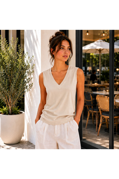 Hayalet Kadın V Yaka Kolsuz T-Shirt Ultra Soft Basic Bluz - Loose Fit/Bol Kesim