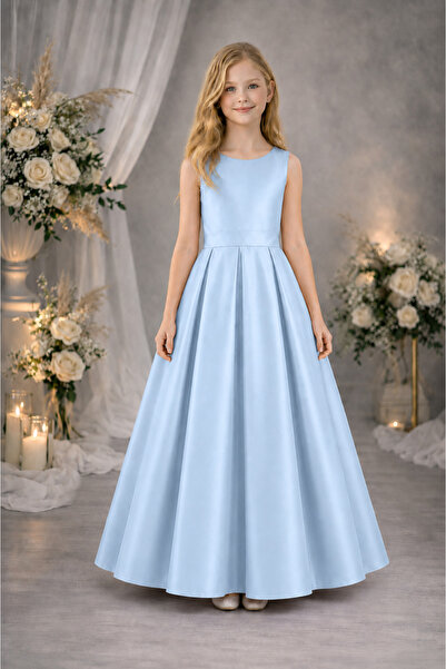MadyaButik Girl's Sudem Model A-Line Pleated Plain Satin Long Dress Graduatio...