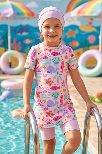 MARESİVA Girl's Short Sleeve Tights Lycra Semi-Closed Swimsuit 2905 Light Pink
