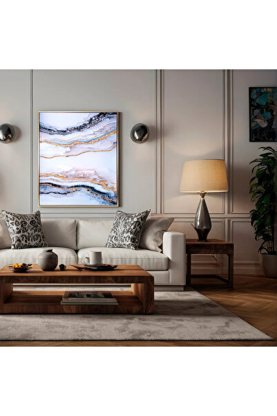 MallDeco Tablou Canvas Marmura Abstracta Alb-Gri cu Auriu, cu Decor Acrilic R...