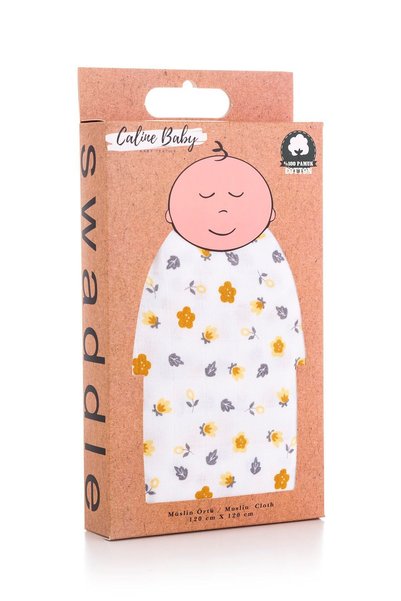 Caline Baby غطاء قماش موسلين نمط زهرة - أصفر 120x120 سم + 4 مناديل مبللة للفم