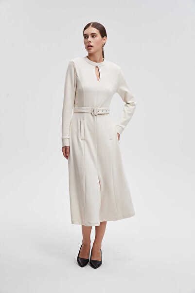 Livia Solid Midi Dress with Waist Belt and Long Sleeves