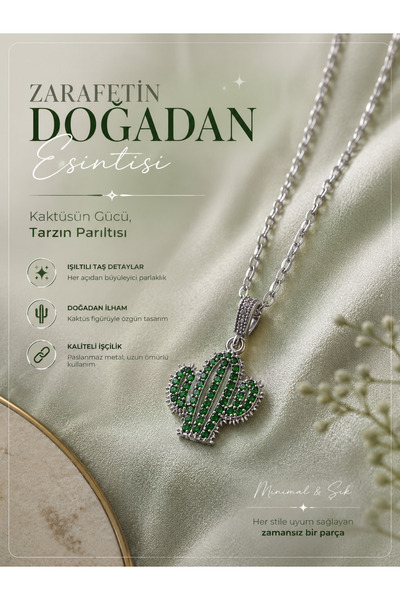 TrendimAksesuar Green Colored Cactus Detailed Steel Necklace