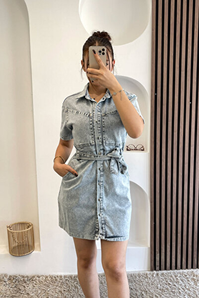 Noa&Noa Asymmetrical Pocket Detail Belted Denim Dress - Light Blue Light Blue
