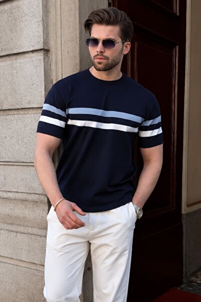 Madmext Navy Blue Crew Neck Striped Men's T-Shirt E7412