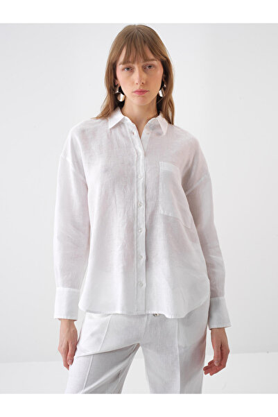 Xint Kadın Beyaz %100 Keten Oversize Gömlek