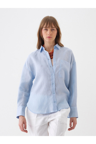 Xint Kadın Mavi %100 Keten Oversize Gömlek
