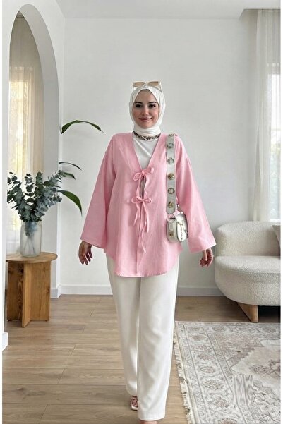 Giyim Gezegeni Kimono roz cu legături în față, caftan sezonier, tunică hijab,...